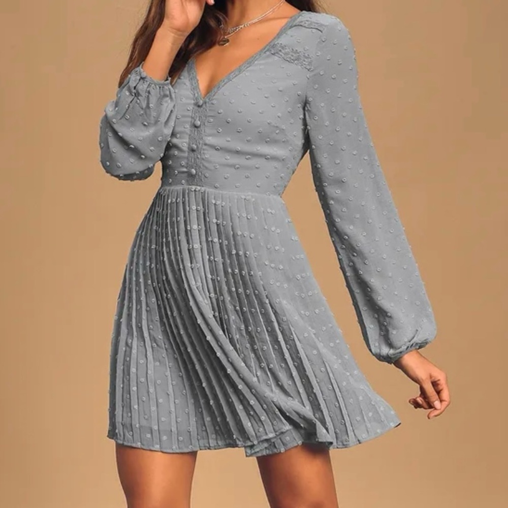 Lulus Size XS Poetic Love Dusty Blue Swiss Dot Long Sleeve Pleated Mini Dress